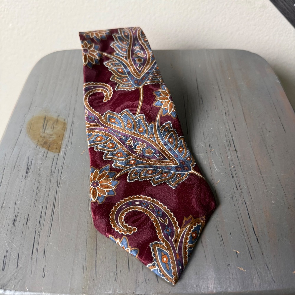 Woodward Men's 100% Silk Tie Burgundy Blue Brown Paisley Floral Vintage